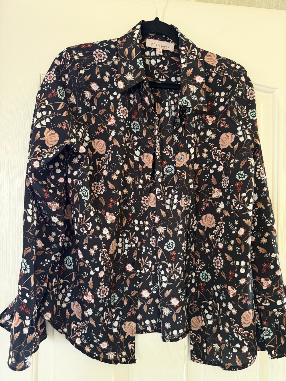 Philosophy Black Floral Button-Down Blouse with Tan, White & Red Accents